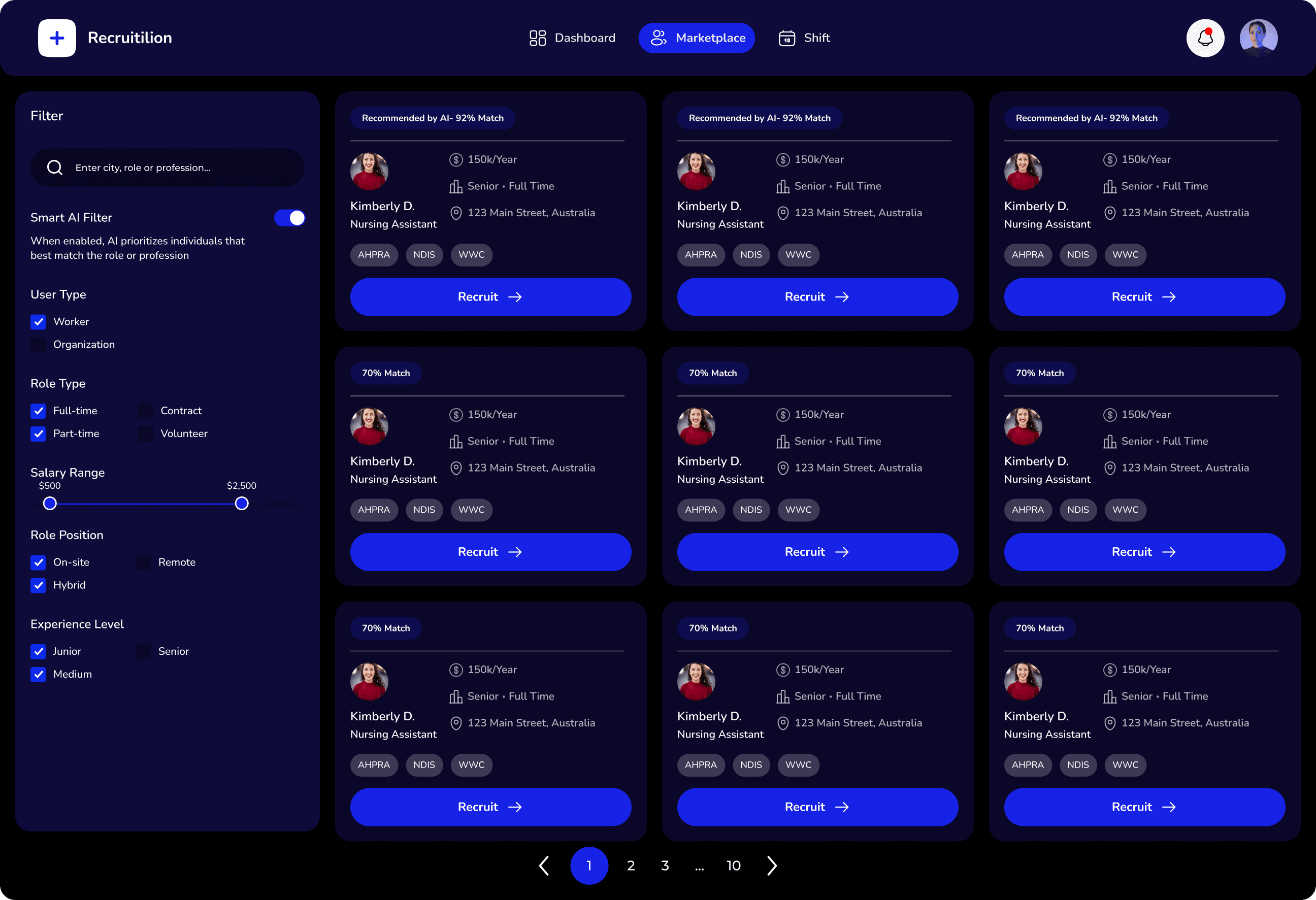 Recruitilion platform dashboard showing AI-matched workers